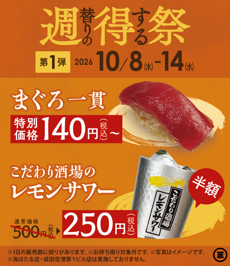 週得祭第1弾  レモンサワー／まぐろ一貫