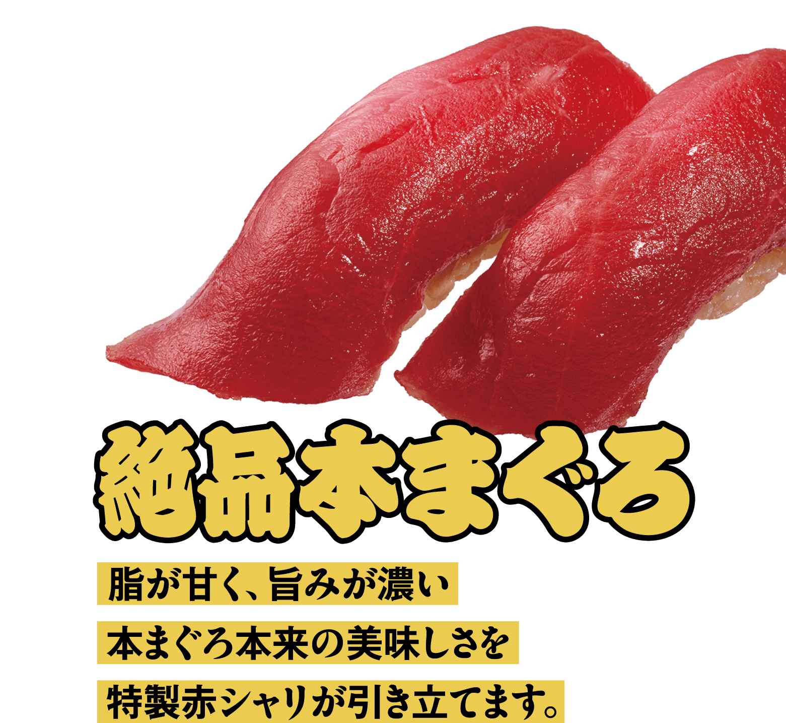 絶品本まぐろ 脂が甘く、旨味が濃い本まぐろ本来の美味しさを特製赤シャリが引き立てます。